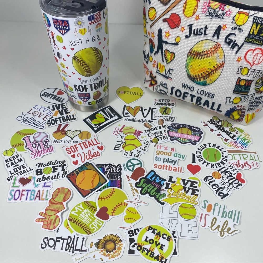 Girl Loves Softball Swag Lot 20oz Tumbler Cosmetic Pouch 40-Piece Sticker Set - Picture 4 of 10